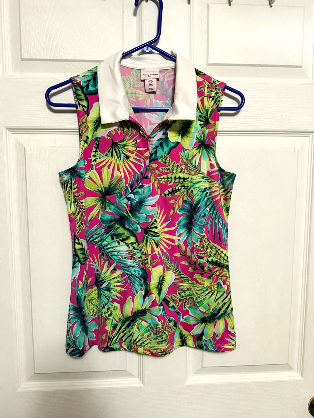 Tommy Bahama Hot Pink Tropical Print Sleeveless Polo with White Collar